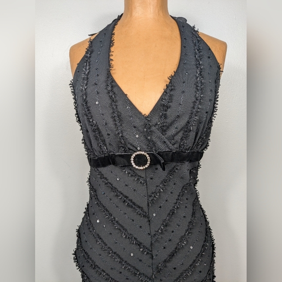 Vintage Y2K Honey Punch Little Black Mini Dress Halter Neck Size Medium Sequins - Picture 5 of 11
